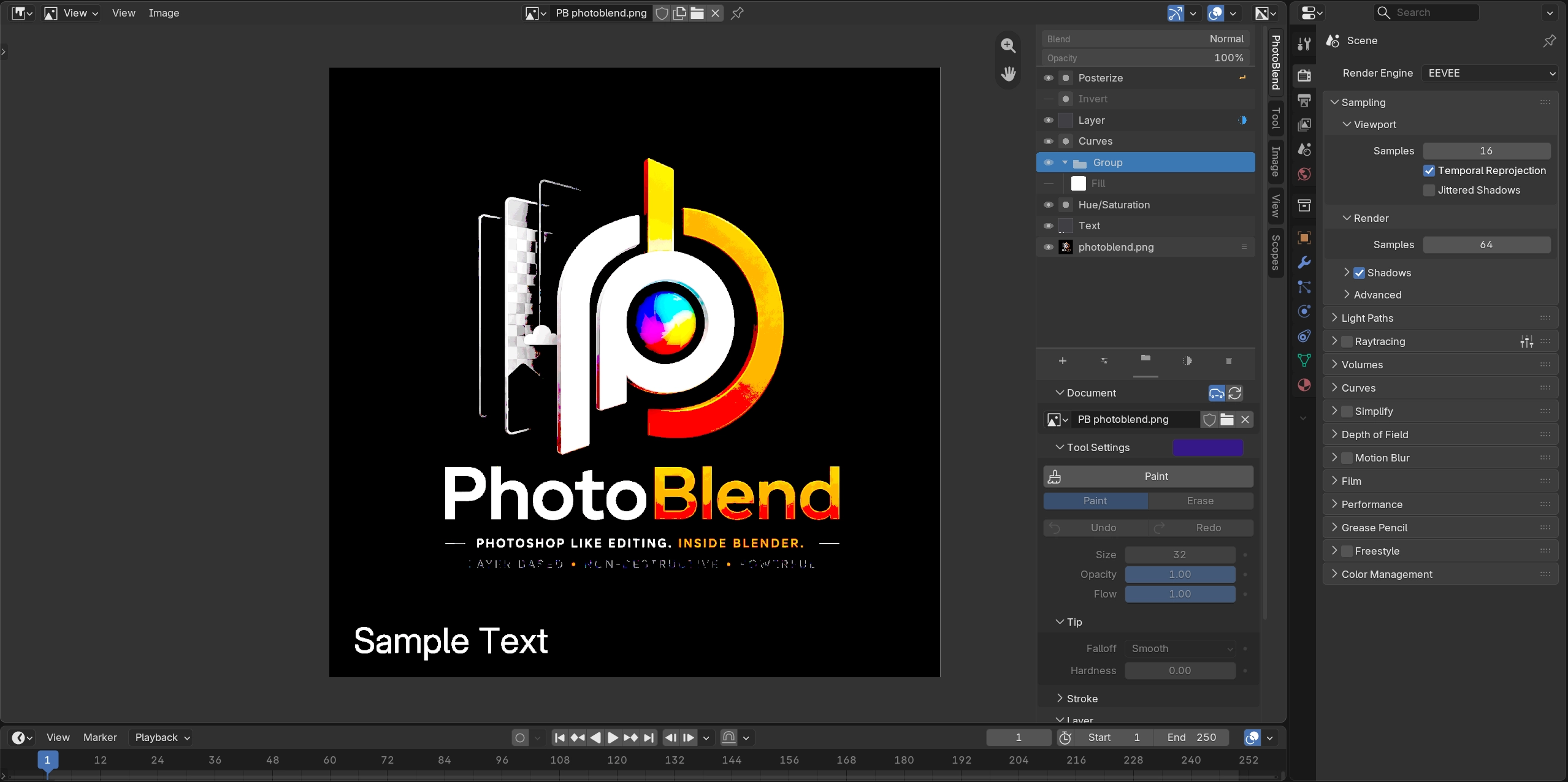 PhotoBlend running inside Blender — N-Panel Layer Stack, Non-Destructive Curves, and EEVEE Viewport